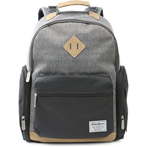 Eddie Bauer Places & Spaces Bridgeport Diaper Bag Backpack, Cooler Bottle Pockets and Changing Pad Included, Light Grey and Tan
