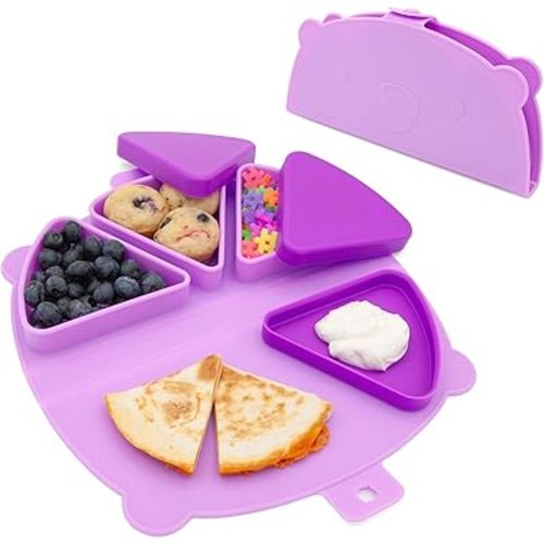 On-The-Go Snack Mat – Baby Silicone Travel Dining Placemat – Portable Silicone Toddler Plate – Reusable Snack Container with 3 Compartments and Lids for 6 Months + (Plum)