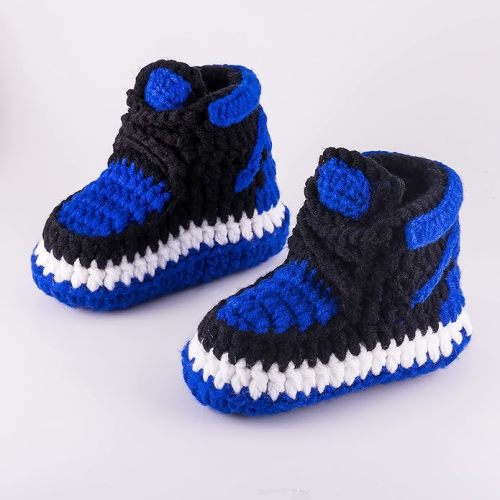 Diaper Book Club Baby Sneakers Crochet Hypebeast Shoes for Toddler Sneakerheads, Soft Booties for Boys & Girls, Designer Kids Fashion, Breathable & Comfortable Children's Kicks - 0-3 Months Infant - Retro - Blue