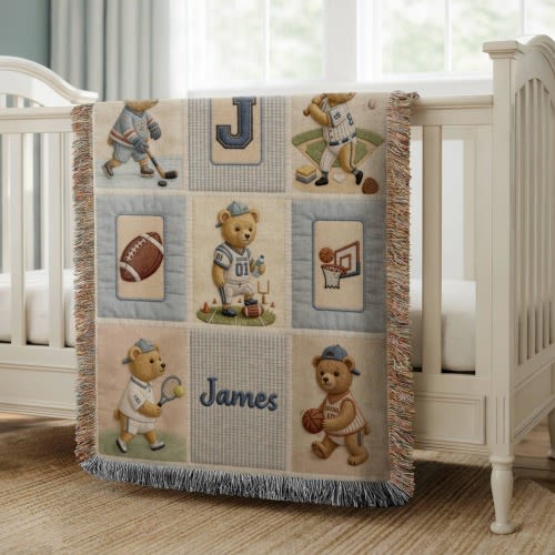 Personalized Teddy Bear Woven Blanket, Vintage Sports Bear Nursery Decor, Custom Name Baby Blanket, Classic Nursery Gift Faux patchwork