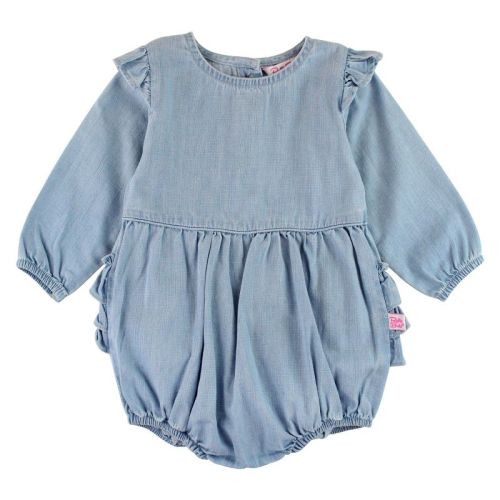 RuffleButts Baby Toddler Girls Long Sleeve Flutter Bubble Romper - Denim, 0-3 Months