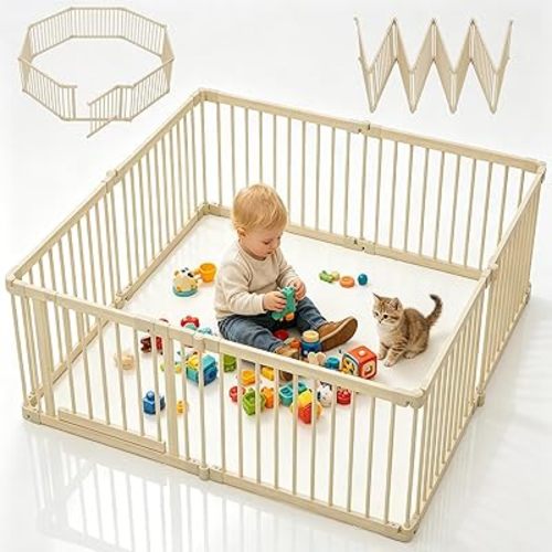 64x64in Foldable Wooden Baby Playpen with Gate, Child Safety Lock, Modular Indoor Play Yard with Suction Cups, Expandable Toddlers Playpens Great Gifts for Babies Boys Girls
