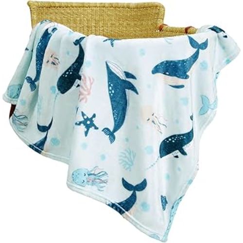 TILLYOU Toddler Flannel Blanket - Warm and Cozy Baby Blanket for Boys and Girls, Smooth and Creamy Blanket, Cute and Lightweight, 40×50 inches, Whale