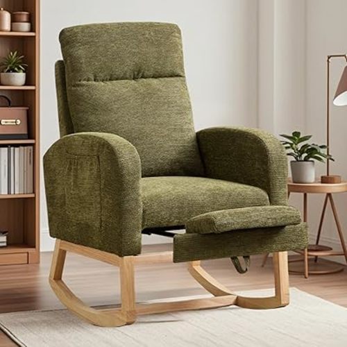Nursery Rocking Chair with Adjustable Footrest for Living Room - Teddy Fabric, Solid Wooden Legs, Comfortable Lounge Armchair with High Backrest and Side Pockets (Contemporary, Cyan-1 line)