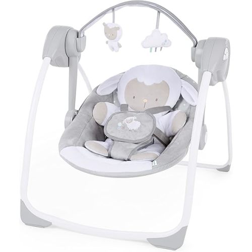 Ingenuity Comfort 2 Go Compact Portable 6-Speed Cushioned Baby Swing with Music, Folds Easy, 0-9 Months 6-20 lbs (Cuddle Lamb)
