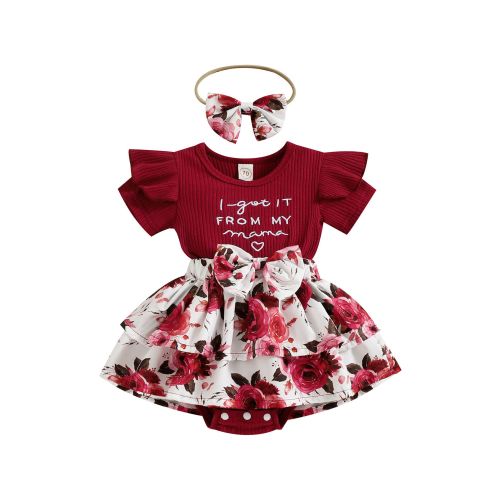 IZhansean Lovely Baby Girls Romper Dress Headband 2pcs Letter Flowers Patchwork Ruffles Sleeve Jumpsuits Clothing Wine Red 0-6 Months