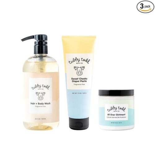 TUBBY TODD Baby Bundle Newborn Skin Care Set - Hypoallergenic Hair + Body Wash, All Over Ointment with Colloidal Oatmeal, Sweet Cheeks Diaper Paste - Fragrance-Free, Full Size