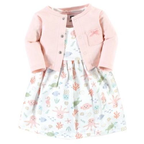 Hudson Baby Infant Girl Cotton Dress And Cardigan Set, Pastel Sea, 6-9 Months