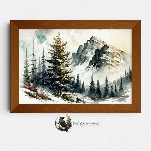 Winter Mountainside, Watercolor Painting, Nursery decor mountain, nursery wall art, tree nursery decor, adventure theme nursery, forest art