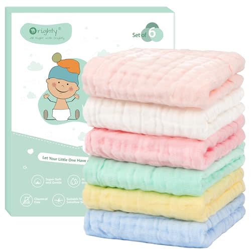 Orighty Muslin Baby Washcloths Pack of 6 - Soft Face Cloths for Newborn, Absorbent Baby Bath and Face Towels, 100% Cotton Babies Wipes, Burp Cloths, Feeding Towels for Babies and Infants - 10 x 10’’