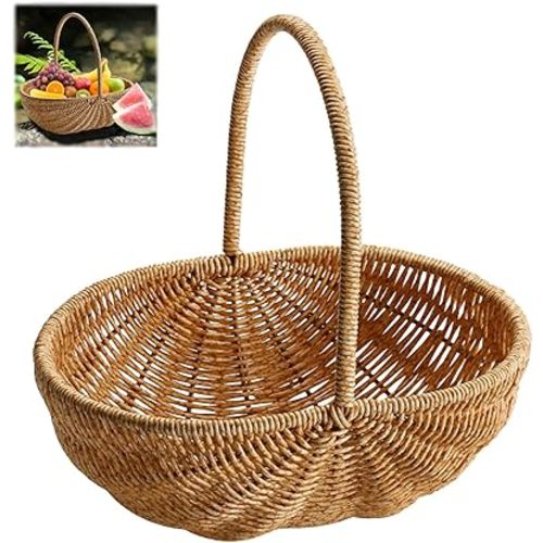 Generic Rattan Basket with Handle Multipurpose Woven Basket Decoration Large Woven Harvest Basket Flower Basket for Picnic Fruit Storage Organizing (A)
