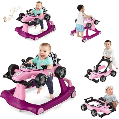 S AFSTAR 5-in-1 Baby Walker, Foldable Activity Car Walker with Adjustable Height Seat and Speed, Noiseless Smooth Wheels, Music & Light, Anti-Rollover, for Boys Girls 6-18 Months (Pink)