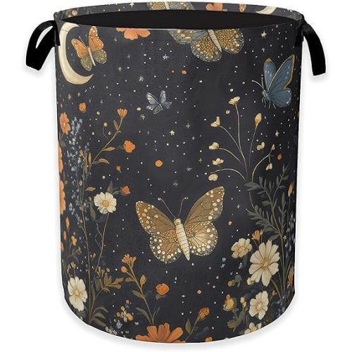 Rustic Wildflower Butterfly Laundry Hamper,Gothic Garden Moon Collapsible Laundry Baskets,Waterproof Oxford Cloth Laundry Room Organization for Bedroom,Bathroom,Nursery,16x20 Inch