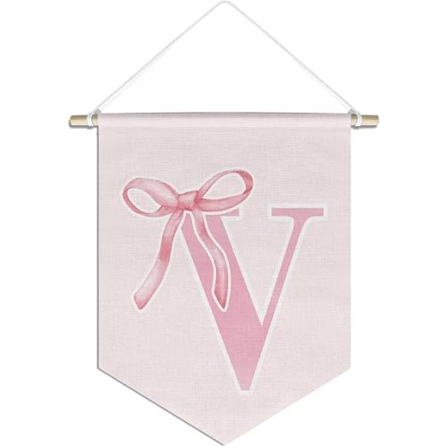 initial Personalized Preppy Canvas Hanging Pennant Flag Banner, Coquette Pink Bow Teen Girl Gifts,Trendy Cute Monogrammed Gifts Wall Decor for Women Teen Girl Nursery bedroom(V)