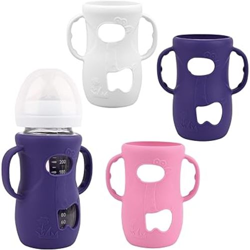 3 Pack Silicone Sleeves for Avent Natural Glass Baby Bottles, Anti Breakage Baby Bottle Sleeves with Handles, Compatible Philips Avent Glass Natural Baby Bottle 8 oz(White+Pink+Purple)