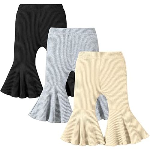 DREAM BUS 3 Pack Baby Girl Pants Toddler Leggings Baby Flare Pants Baby Solid Ribbed Pants Toddler Bell Bottoms Baby Pants
