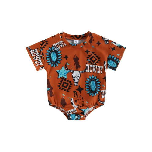 Qtinghua Western Baby Boy Girl Clothes Cow Print Jumpsuit Short Sleeve Romper Bodysuit Infant Summer Outfits Brown 12-18 Months