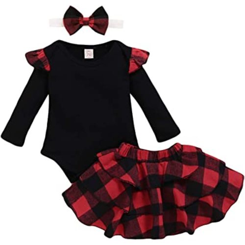Toddler Baby Girl Christmas Outfits Ruffle Long Sleeve Romper Buffalo Plaid Skirt Tutu Dress Headband