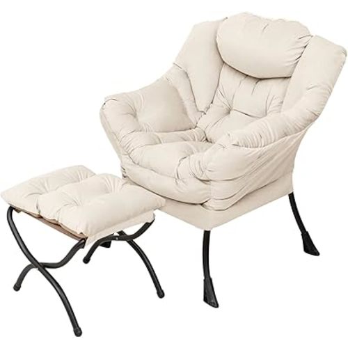 Welnow Lazy Chair with Ottoman, Modern Lounge Accent Chair with Armrests and a Side Pocket, Leisure Sofa Armchair, Reading Armchair with Footrest for Small Space, Beige