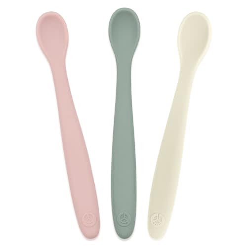 WeeSprout Silicone Baby Spoons - First Stage Infant Feeding Utensils With Soft-Tip, Bendable Kitchenware for Parent & Self-Feeding, Ultra-Durable, Dishwasher Safe, Travel Case, Set of 3