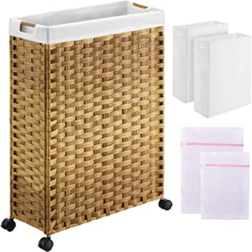 Greenstell Laundry Hamper with Wheels, 66L Slim Laundry Basket with 2 Removable Liner Bags & 2 Mesh Bags, Narrow Dirty Clothes Basket, Handwoven Rattan Organizer in Bathroom, Bedroom, Natural