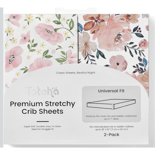 TotAha Premium Stretchy Crib Sheets (2-Pack)-Hypoallergenic, Silky Comfort, Buttery Soft, Calming Effect, All-Season Jersey-Knit Sheets, 9'' Extra Deep Pocket(Meredith Allover Floral & Pale Pink)
