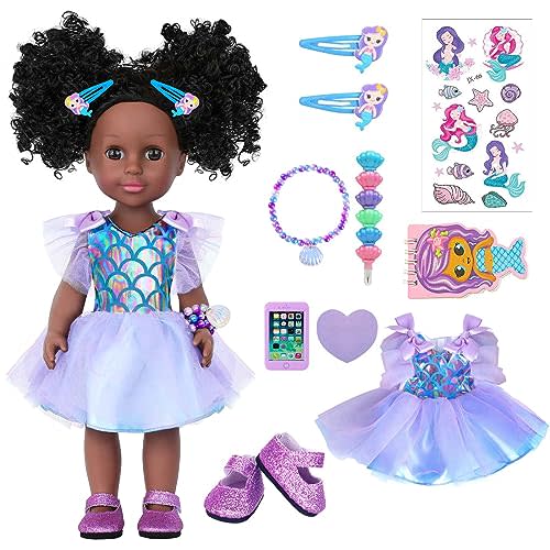 UZIDBTO 14.5 Inch Black Dolls Realistic Baby Doll Clothes and Accessories,Silicone African Baby Doll with Doll Princess Deep Sea Theme Dress Best Gift for Girls Kids