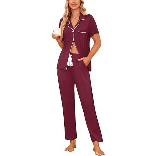 Samring Women Pajamas Sets 2 Piece Short Sleeve Soft Sleepwear Pjs Lounge Set Button Down Nightwear with Long Pants