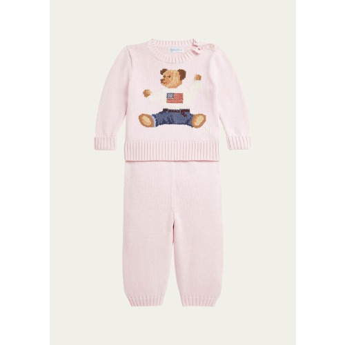 Girl's Flag Bear Intarsia Knit Sweater and Pants Set, Size 3M-24M