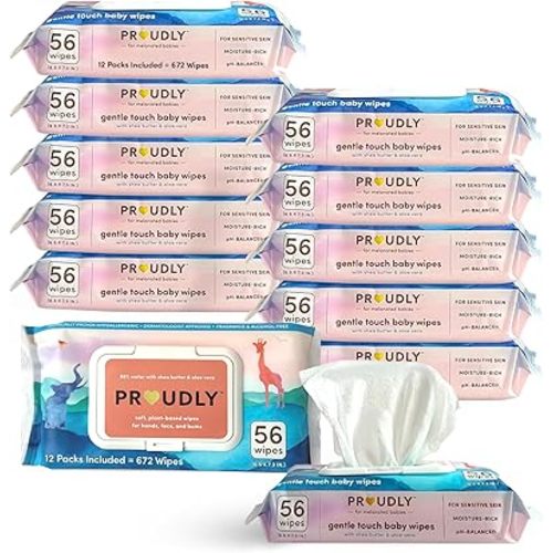 PROUDLY Gentle Touch Baby Wipes, Unscented & Hypoallergenic Wipes for Black & Brown Babies' Skin Care, 672 Count (12-Pack)