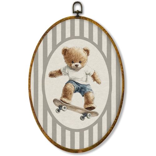 Hiuwevt Bear Nursery Skateboard Oval Wall Art Decor, Boys Room Framed Canvas Prints, Bear Play Skateboard Oval Wall Hanging Decor for Kids Boy Nursery Bedroom Playroom Decorations, 8.6x11.4 Inches