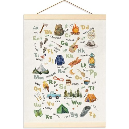 BirtDerr Camping Alphabet Poster Hanger Frame, Banner Poster Wall Art with Wooden Frames, Alphabet Banner Wall Hanging Decor for Toddler Playroom Nursery for Classroom