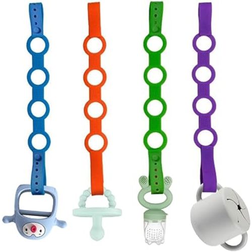 4PK Toy Safety Straps, Stretchable Silicone Pacifier Clips Baby Toddler Bottle Toy Harness Straps for Strollers, High Chair, Shopping Trolley,Cars,Hanging Baskets,Cribs,Bags