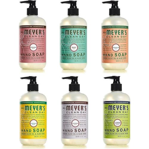 MRS. MEYER'S CLEAN DAY Hand Soap Scent Variety Pack Includes 1 of Each, Rosemary + Basil + Geranium + Honeysuckle + Lavender + Lemon Verbena, (Count of 6)