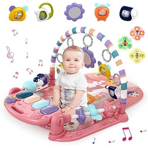 Baby Playmat Tummy Time Toys-Funny Play Piano Baby Gym Activity Mat with 5 Infant Sensory Toys & 3 Suction Cup Spinner Toys, Baby Essentials for Newborns 0-3-6-9-12 Months(Pink)