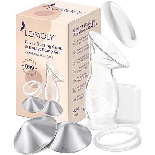 Silver Nursing Cups: Pure 999 Silver Nipple Shield to Relieve Soreness; Silver Nipple Covers Breastfeeding Set w/Breast Shields,Silicone Rings, and Hands-Free Breast Pump (XL: 2.1x0.7 Inches)