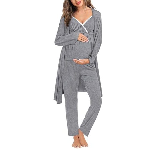 SWOMOG Maternity Nursing Robe Set 3 Piece Breastfeeding Pajamas 3 in 1 Labor Delivery Sleevless Tops&Long Pants Pregnancy Pjs