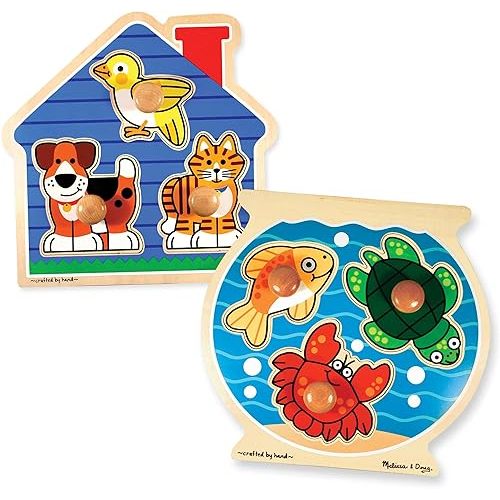 Melissa & Doug Animals Jumbo Knob Wooden Puzzles Set - Fish and Pets - Chunky Wooden Puzzles for Toddlers, Animal Puzzles For Kids Ages 1+