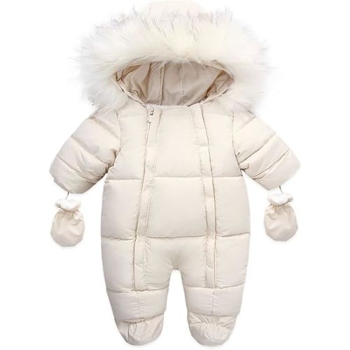 Snow Suit for Baby Coats Winter Snowsuit Toddler Jacket Clothes Zipper Jumpsuit Hooded Snow Wear (Beige, 6-12 Months)