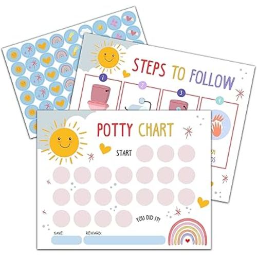 Sun Rainbow Potty Training Sticker Chart, 10 Potty Charts with 216 Round Stickers & 1 Instruction Sheet, Potty Reward Sticker Chart for Toddlers Girls - A05