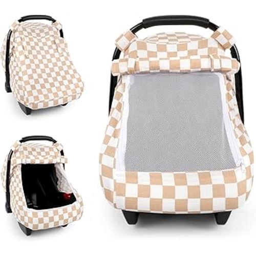 DILIMI Car Seat Covers for Babies, Muslin Cotton Baby Car Seat Cover with Breathable Mesh Window, Summer Infant Car Seat Canopy for Boys Girls Newborn, Brown Checkered
