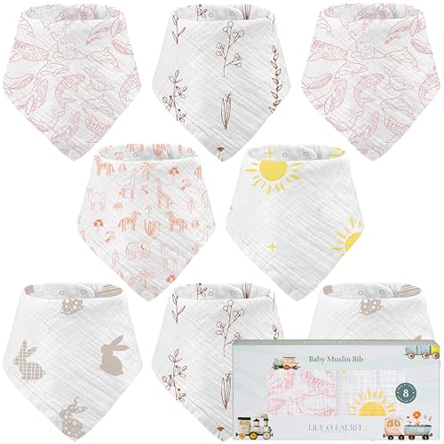 LILY O LAUREL Muslin Baby bibs for drooling and teething, 100% cotton, Bibs for baby girl, Muslin bibs for boys (8 Pack)