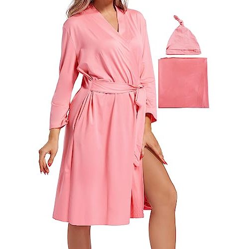 SUFEINI Maternity Mommy Robes with Matching Swaddle Blanket Set, Maternity Mommy Postpartum Bathrobe Sleepwear