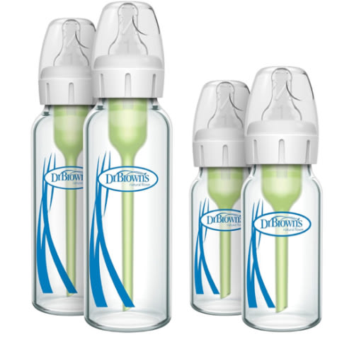 Dr. Brown's Natural Flow Anti-Colic Options+ Narrow Glass Baby Bottles, Made in The USA, BPA Free, 8oz and 4oz, 0m+, 4-Pack