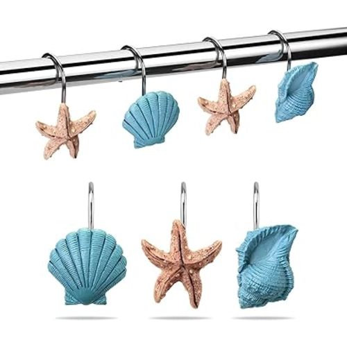 AGPtek® Seashell Shower Curtain Hooks, 12PCS Anti Rust Decorative Resin Hooks for Bathroom, Baby Room, Bedroom, Living Room Decor (Blue Seashell)