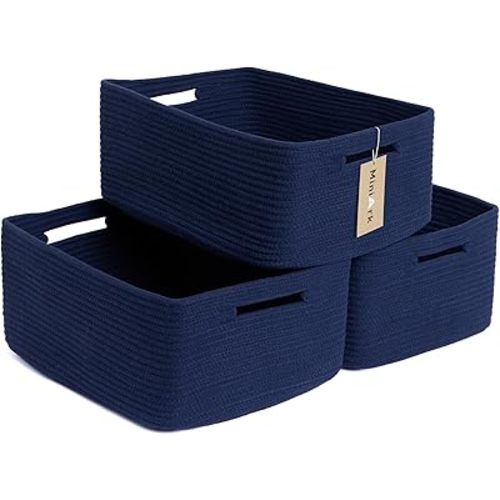 Large Storage Baskets for Shelves, Closet Organizers and Storage Bins for Clothes Blanket Towels, Baby Nursery, Toy Baskets Box, Woven Rope Baskets, 17 x 13 x 7.5”, 3 Packs Navy Blue