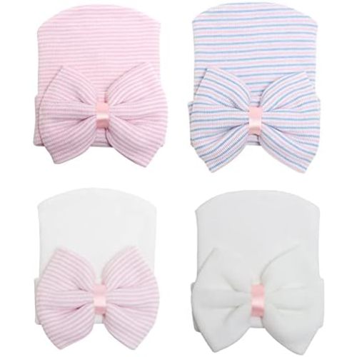 4 Pack Newborn Baby Hats Toddler Infant Hat with Bow No Scratch Cotton Beanie Caps Soft Newborn Hospital Hat 0-3 Months