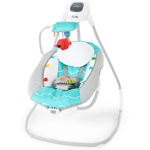 Baby Einstein Ocean Explorers Musical Compact, Lightweight Baby Swing, 6-Speed Multi-Direction, Vibrations, Music, Sounds, 0-9 Months - Grey