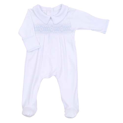 Ava & Archie White with Blue Smocked Collared Footie
