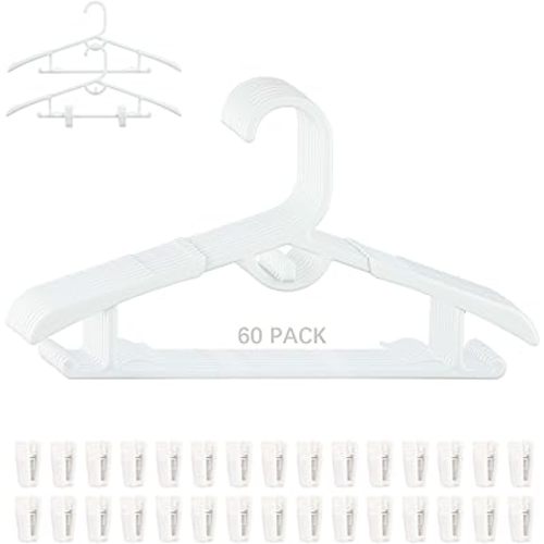 60 Kids Hangers with Clips Adjustable Hangers White Baby Hangers for Clothes Non Slip Childrens Hangers Toddler Hangers Kids Extendable Hanger with Hook Stackable Plastic Hangers with 30 Hanger Clips